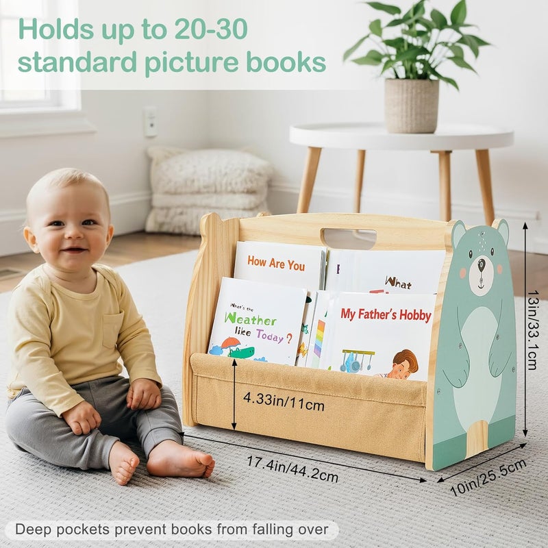 SheSeek Toddler Bookshelf Double-Sided with 4 Tier Deep Sleeves Kids Wooden Montessori Book Rack for Baby Nursery Room, Playroom, Classroom or Bedroom Bookcase Storage Organizer, Green Bear - Image 4